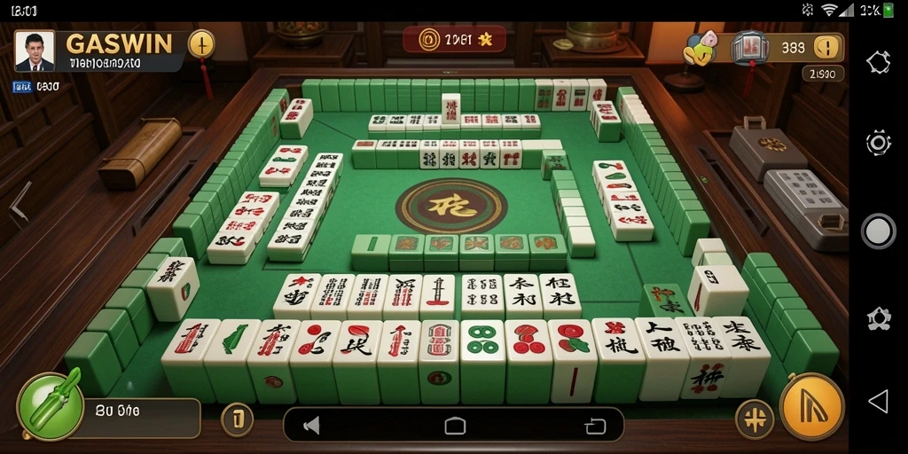 Screenshot gameplay GASWIN dengan ubin Mahjong yang berwarna-warni.