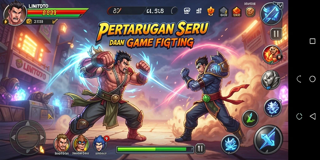 Screenshot LINITOTO menunjukkan karakter bertarung dengan efek visual menarik.