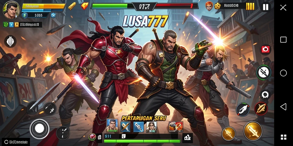 Screenshot utama LUSA777 menampilkan karakter bertarung dengan aksi dramatis.