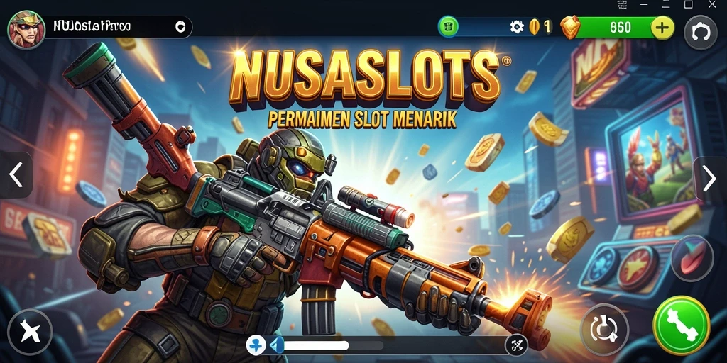 Tampilan gameplay NUSASLOTS dengan kombinasi slot dan TPS yang seru.