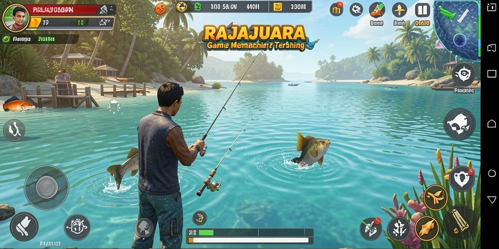 Tangkapan besar dalam gameplay RAJAJUARA dengan suasana memancing yang tenang.