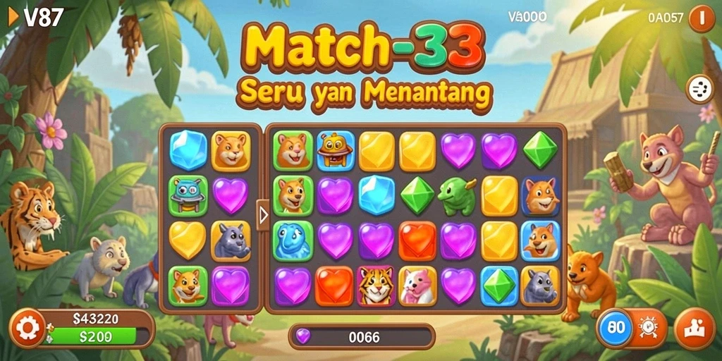 Screenshot menunjukkan aksi mencocokkan item dalam V87 yang seru.