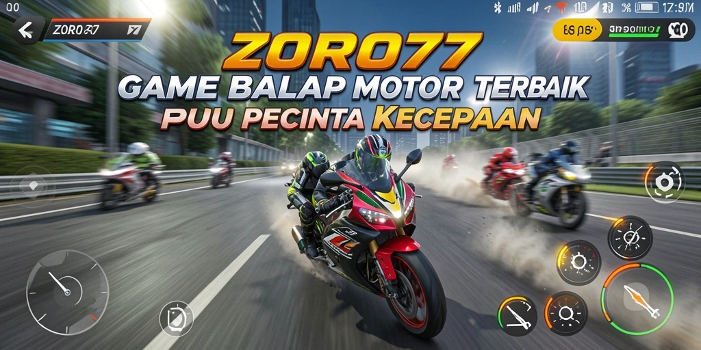 Screenshot gameplay ZORO77 menampilkan balapan motor yang seru dan grafis menawan.
